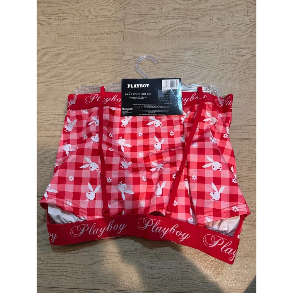 NWT Playboy Red Gingham Plaid Bra‎ and Boyshort Set size large